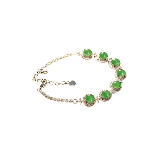 Green Chalcedony Bracelet for Women – Silver Plated New Chinese Style Gemstone Bracelet with Gourd Charm, Adjustable Chain