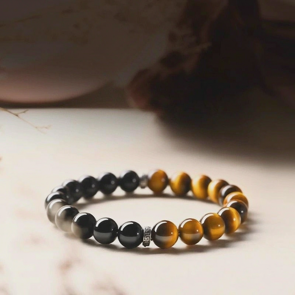 Beaded Bracelet of Natural Tiger Eye and Gold Obsidian | Sacred Symbol Luck‑Guard Talisman