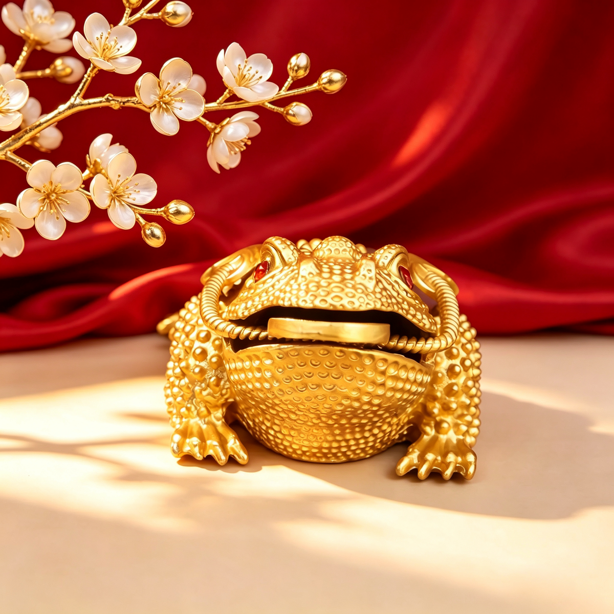Golden Hollow Three-Legged Money Frog Statue With Rhinestones, Chinese Feng Shui Toad Ornament for Home Office Desk Decor, Wealth Attracting Figurine