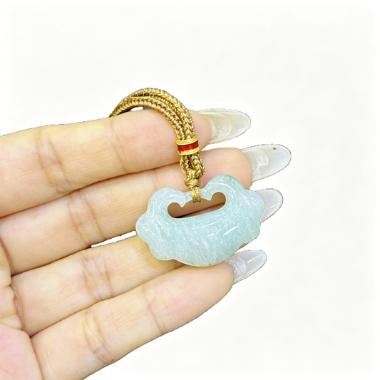 Tianshan Cui Ruyi Safe Lock Pendant Necklace, Natural Floating Flower Jade Lucky Charm