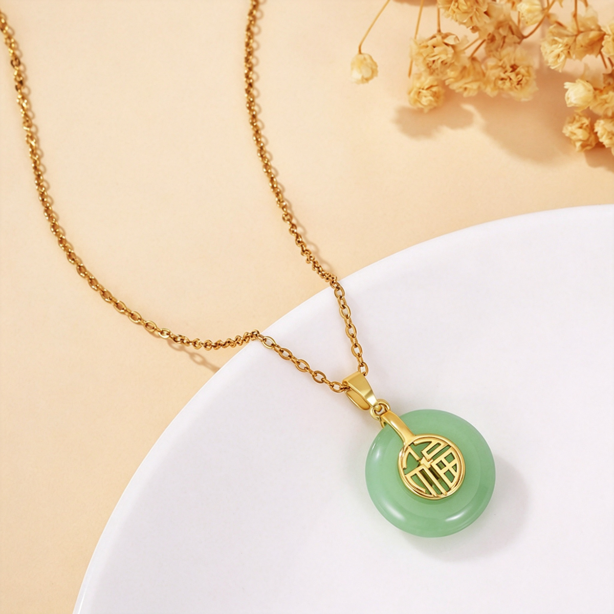 Chinese Style Imitation Jade Peace Buckle Pendant Necklace for Women, Retro Lucky Fu Character Clavicle Chain