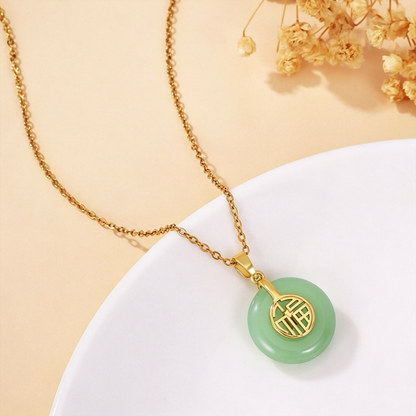 Chinese Style Imitation Jade Peace Buckle Pendant Necklace for Women, Retro Lucky Fu Character Clavicle Chain