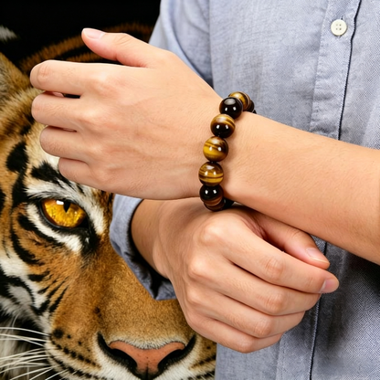 Natural Collector Grade Yellow Tiger Eye Bracelet for Men, Tiger's Eye Woodstone Beaded Bracelet, Lucky Bracelet for Birth Year