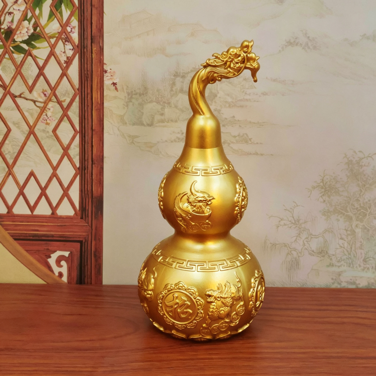 Brass Gourd Statue with Dragon Head & Pi Xiu, Openable Copper Hulu Ornament, Home Living Room Entrance Office Decor