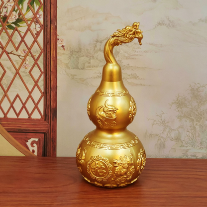 Brass Gourd Statue with Dragon Head & Pi Xiu, Openable Copper Hulu Ornament, Home Living Room Entrance Office Decor