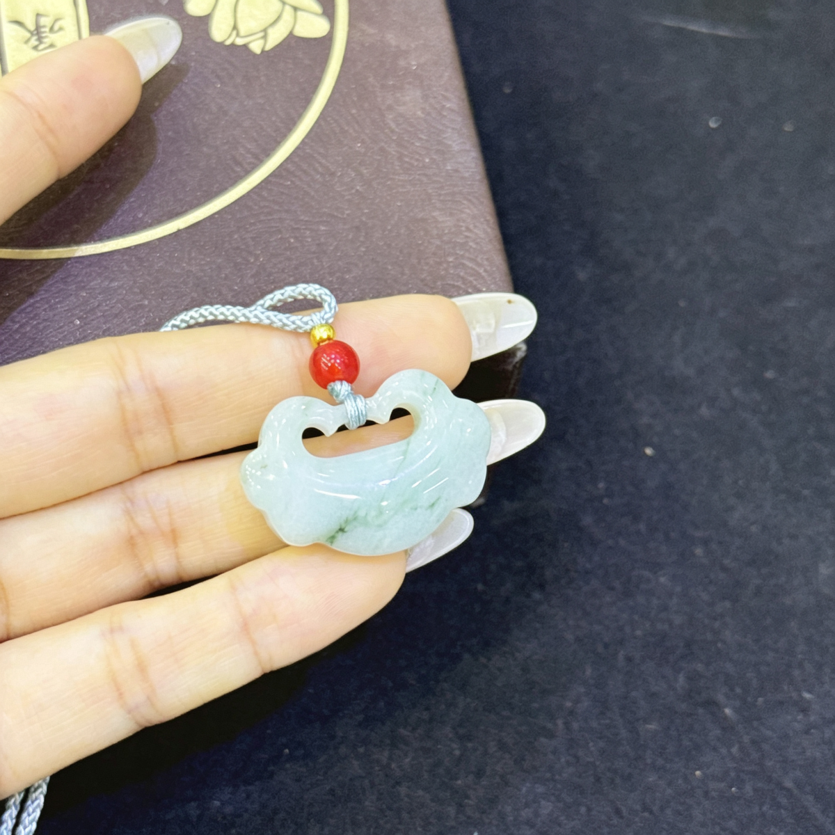 Tianshan Cui Ruyi Safe Lock Pendant Necklace, Natural Floating Flower Jade Lucky Charm