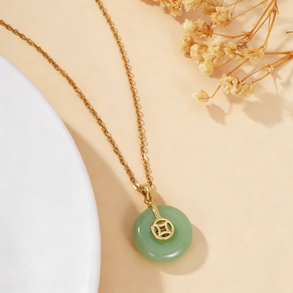 Chinese Style Imitation Jade Peace Buckle Pendant Necklace for Women, Retro Lucky Fu Character Clavicle Chain