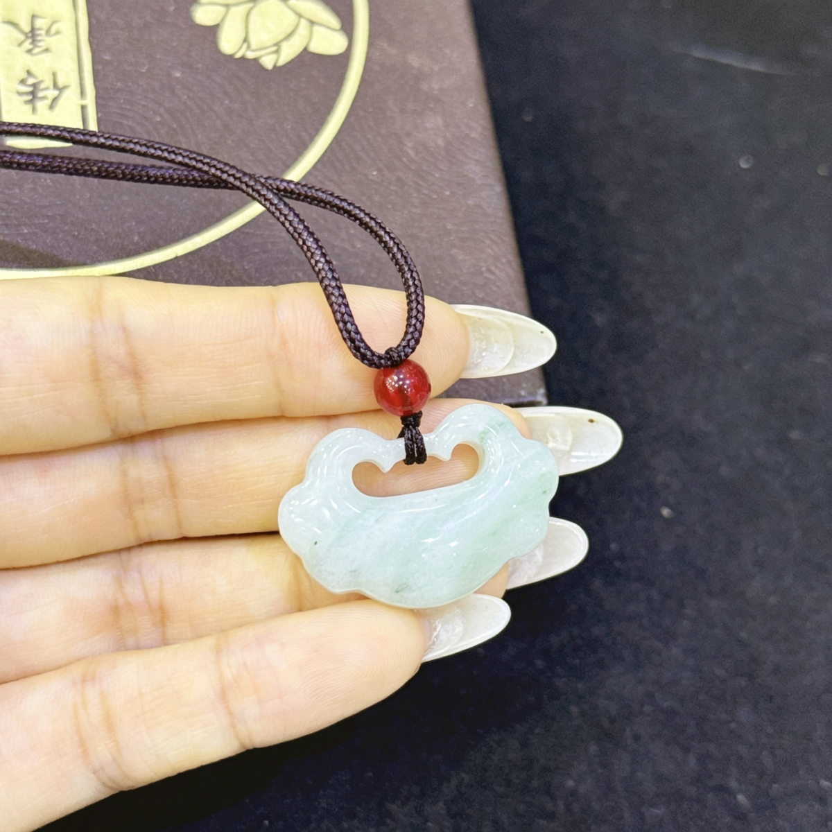 Tianshan Cui Ruyi Safe Lock Pendant Necklace, Natural Floating Flower Jade Lucky Charm