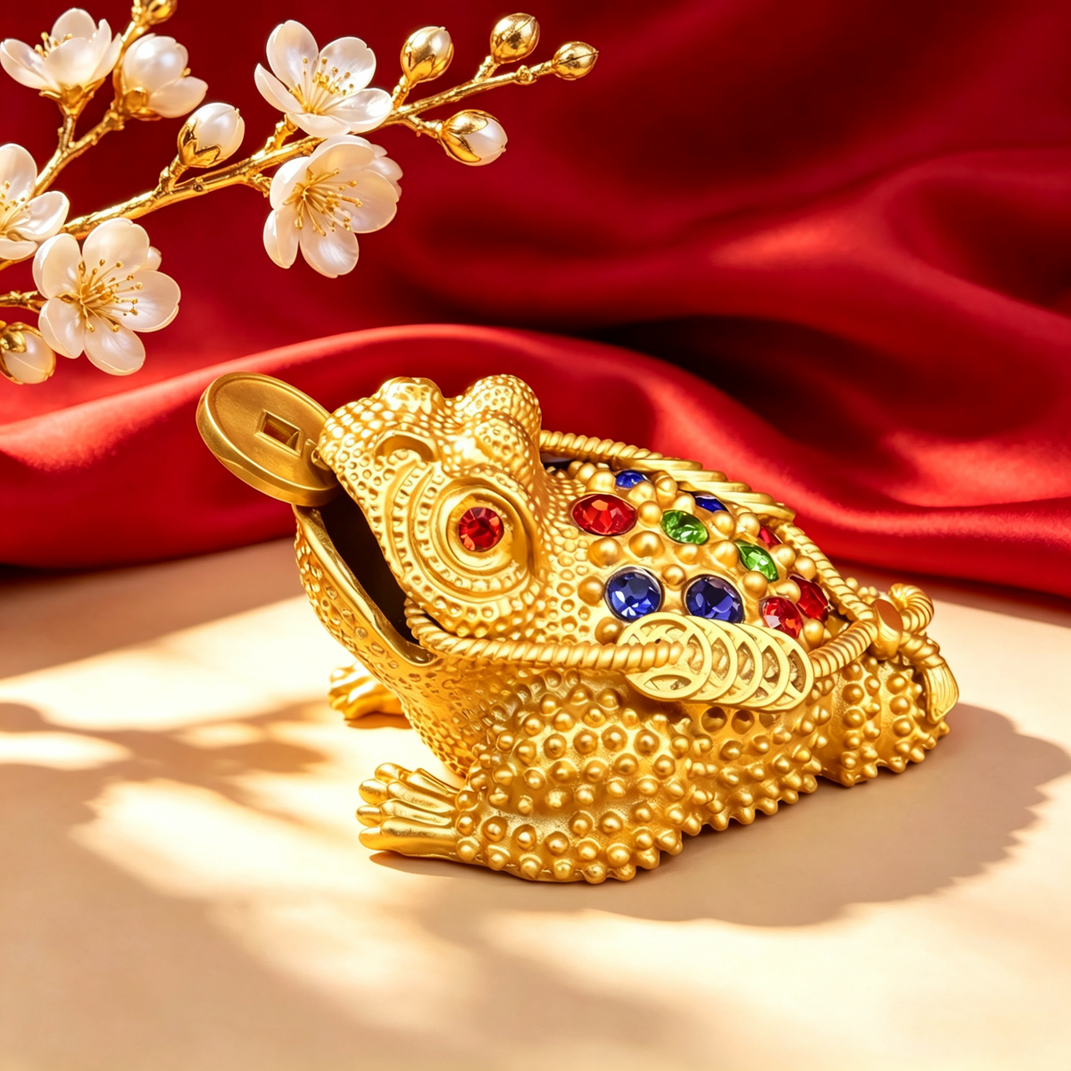 Golden Hollow Three-Legged Money Frog Statue With Rhinestones, Chinese Feng Shui Toad Ornament for Home Office Desk Decor, Wealth Attracting Figurine