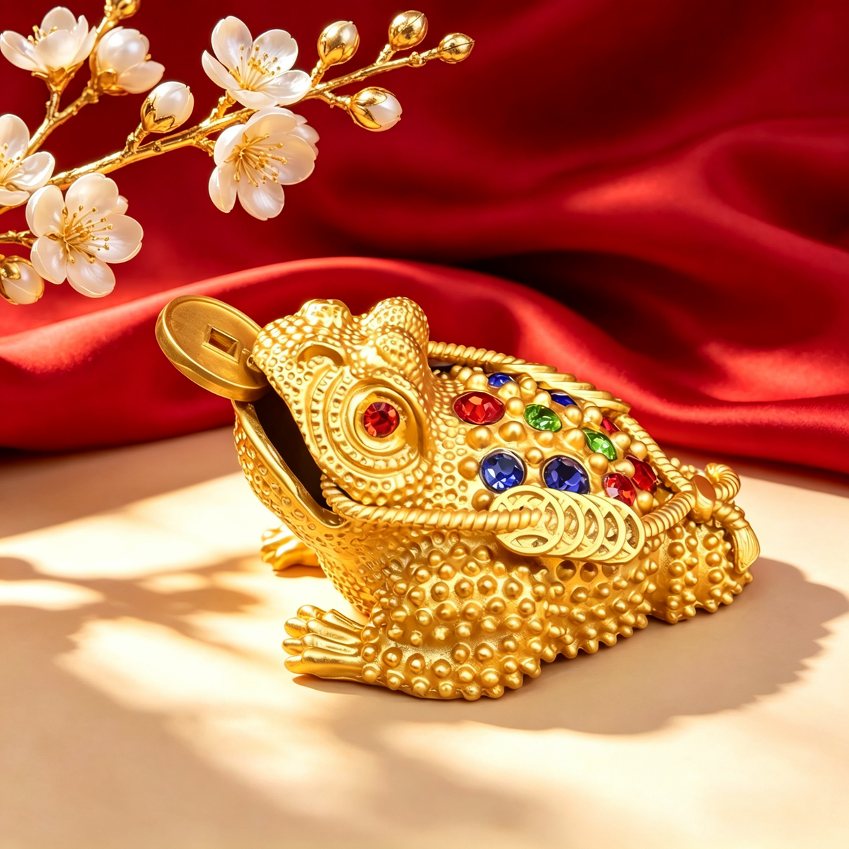 Golden Hollow Three-Legged Money Frog Statue With Rhinestones, Chinese Feng Shui Toad Ornament for Home Office Desk Decor, Wealth Attracting Figurine