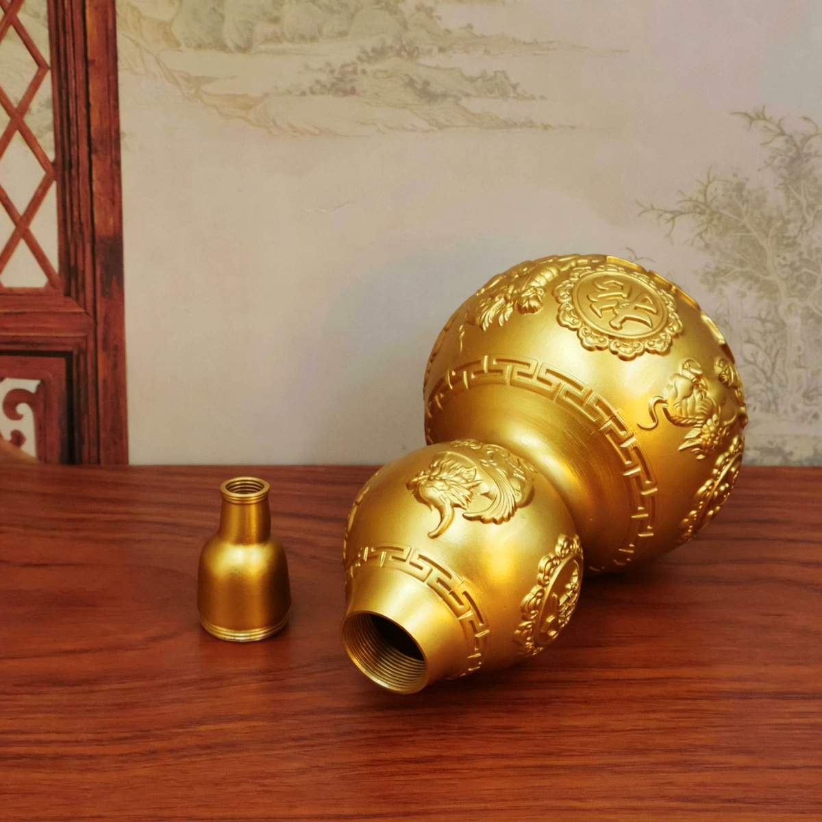 Brass Gourd Statue with Dragon Head & Pi Xiu, Openable Copper Hulu Ornament, Home Living Room Entrance Office Decor