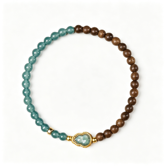 Natural Eaglewood Beaded Bracelet with Blue Water Agate Gourd Charm, Vintage New Chinese Style Elegant Bracelet, Handmade Oriental Jewelry for Gift