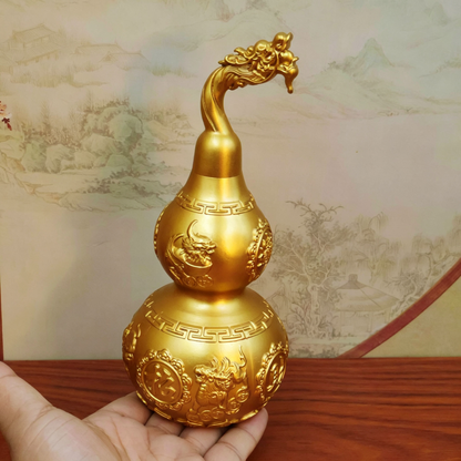 Brass Gourd Statue with Dragon Head & Pi Xiu, Openable Copper Hulu Ornament, Home Living Room Entrance Office Decor