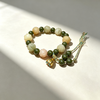 Lotus Bodhi Composite Fragrance Beaded Bracelet, Multi-Color Carved Flower Beads, Oriental Handmade Wrist Jewelry for Gift