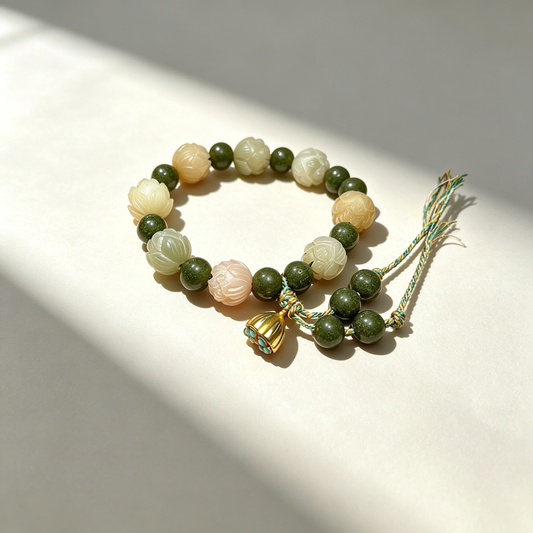 Lotus Bodhi Composite Fragrance Beaded Bracelet, Multi-Color Carved Flower Beads, Oriental Handmade Wrist Jewelry for Gift