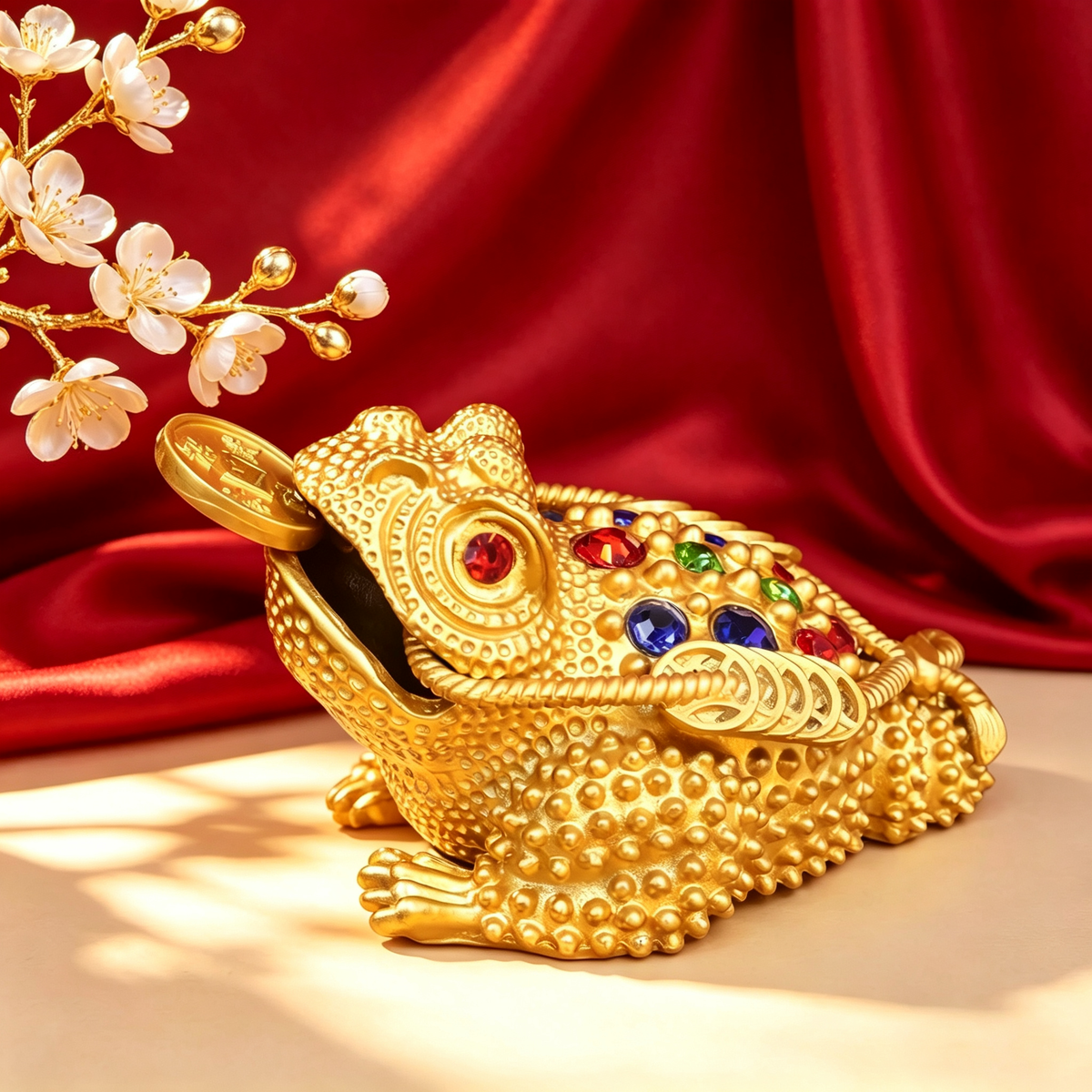 Golden Hollow Three-Legged Money Frog Statue With Rhinestones, Chinese Feng Shui Toad Ornament for Home Office Desk Decor, Wealth Attracting Figurine