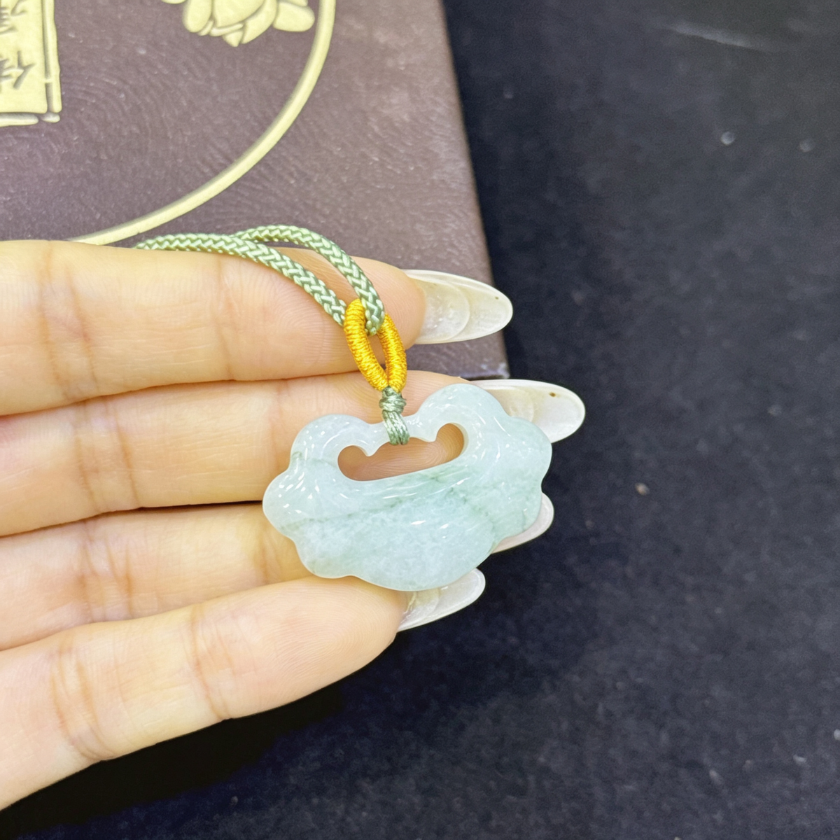Tianshan Cui Ruyi Safe Lock Pendant Necklace, Natural Floating Flower Jade Lucky Charm