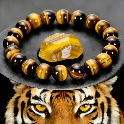 Natural Collector Grade Yellow Tiger Eye Bracelet for Men, Tiger's Eye Woodstone Beaded Bracelet, Lucky Bracelet for Birth Year