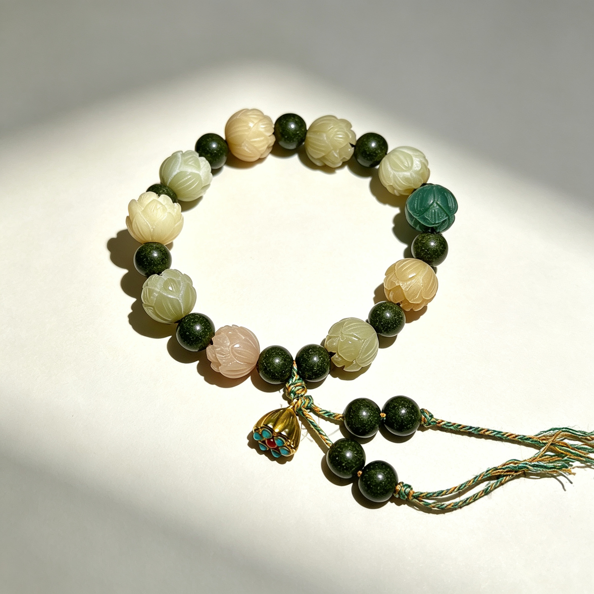 Lotus Bodhi Composite Fragrance Beaded Bracelet, Multi-Color Carved Flower Beads, Oriental Handmade Wrist Jewelry for Gift