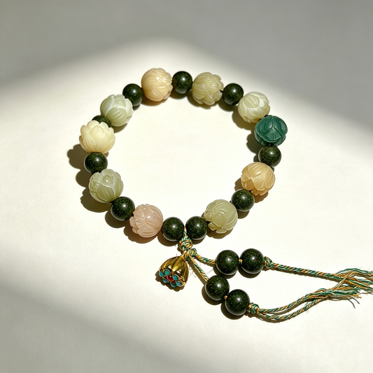 Lotus Bodhi Composite Fragrance Beaded Bracelet, Multi-Color Carved Flower Beads, Oriental Handmade Wrist Jewelry for Gift