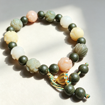 Lotus Bodhi Composite Fragrance Beaded Bracelet, Multi-Color Carved Flower Beads, Oriental Handmade Wrist Jewelry for Gift