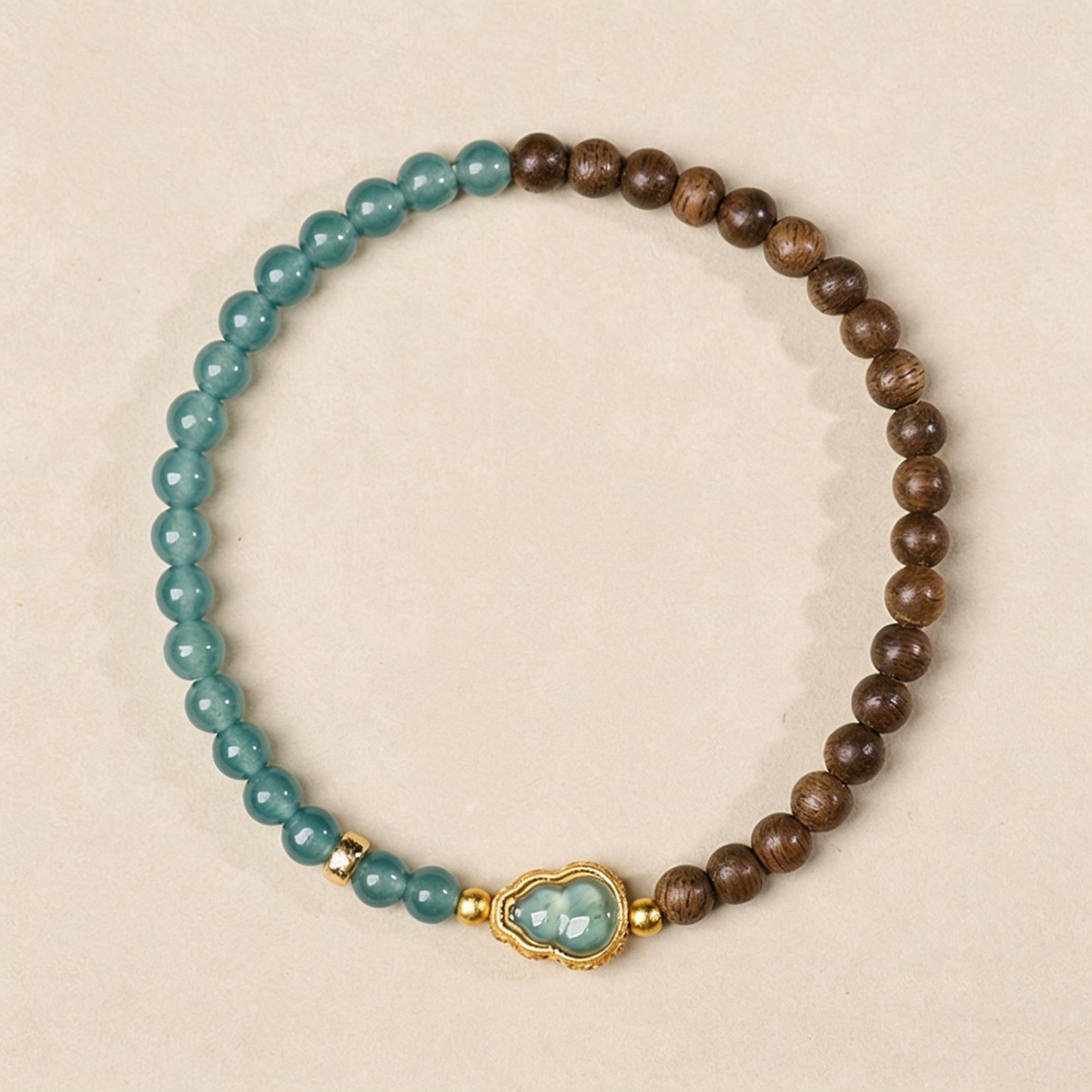 Natural Eaglewood Beaded Bracelet with Blue Water Agate Gourd Charm, Vintage New Chinese Style Elegant Bracelet, Handmade Oriental Jewelry for Gift