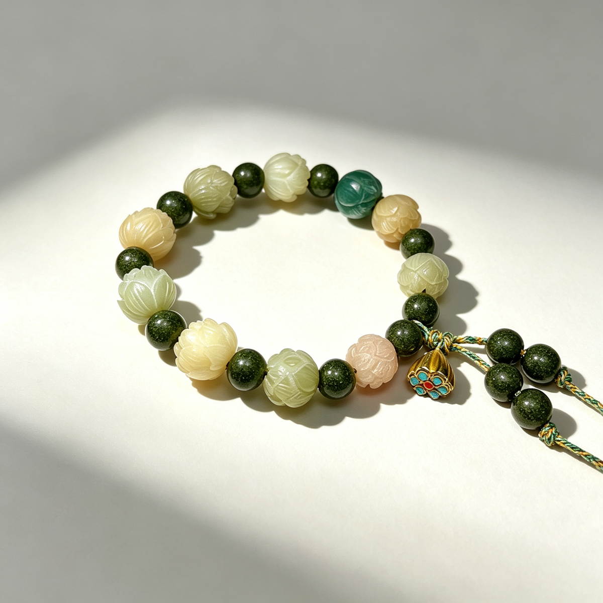 Lotus Bodhi Composite Fragrance Beaded Bracelet, Multi-Color Carved Flower Beads, Oriental Handmade Wrist Jewelry for Gift