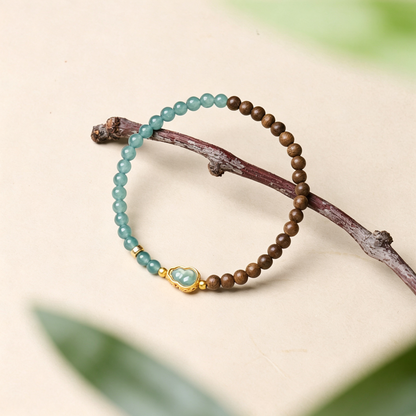 Natural Eaglewood Beaded Bracelet with Blue Water Agate Gourd Charm, Vintage New Chinese Style Elegant Bracelet, Handmade Oriental Jewelry for Gift