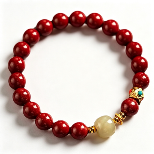 Cinnabar Bracelet for Women, Natural Raw Ore Cinnabar Hetian Jade Vintage Lucky Bracelet, Zodiac Year Protection Beaded Bracelet