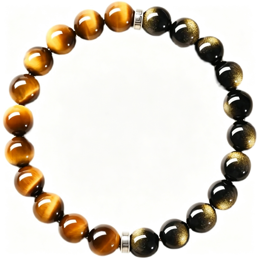Beaded Bracelet of Natural Tiger Eye and Gold Obsidian | Sacred Symbol Luck‑Guard Talisman