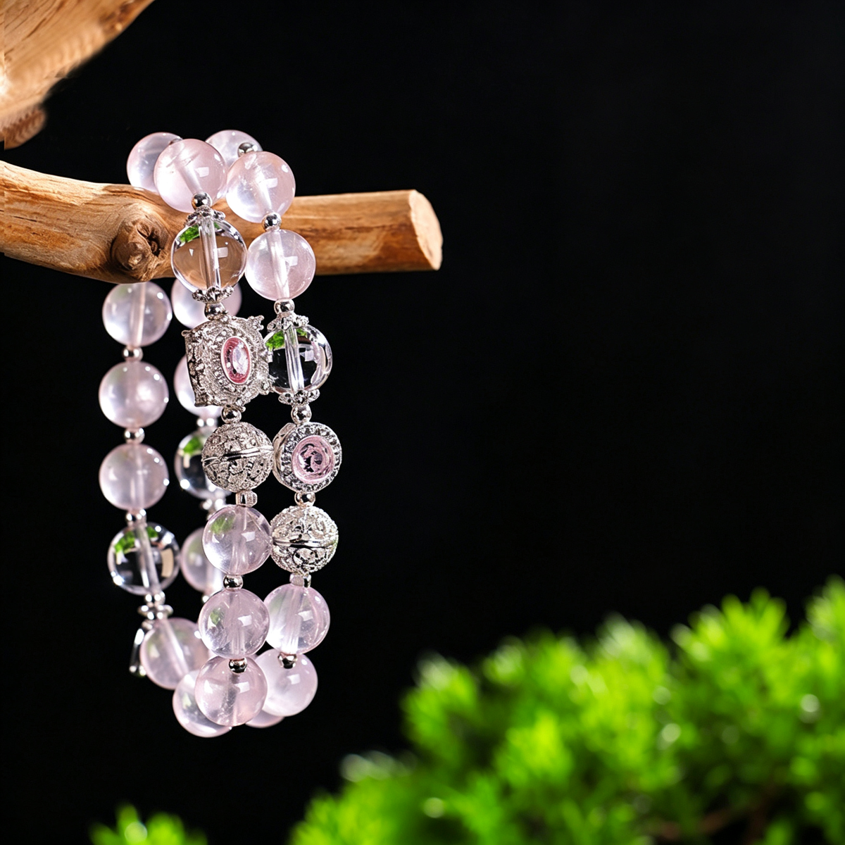Rose Quartz Bracelet with Clear Quartz & Silver Filigree Charm, Natural Crystal Beaded Bracelet for Women, Healing Crystal Jewelry Gift