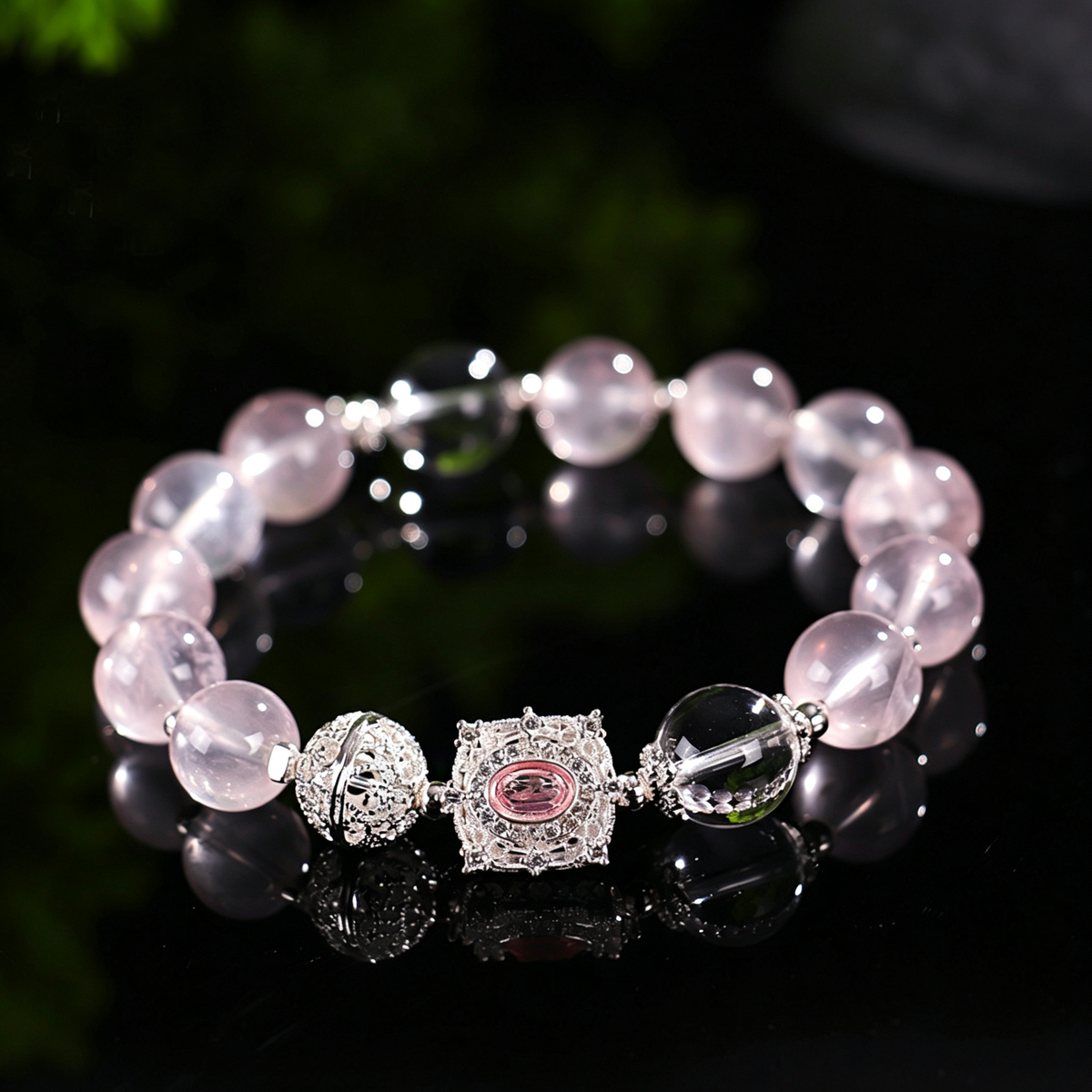 Rose Quartz Bracelet with Clear Quartz & Silver Filigree Charm, Natural Crystal Beaded Bracelet for Women, Healing Crystal Jewelry Gift