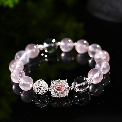 Rose Quartz Bracelet with Clear Quartz & Silver Filigree Charm, Natural Crystal Beaded Bracelet for Women, Healing Crystal Jewelry Gift