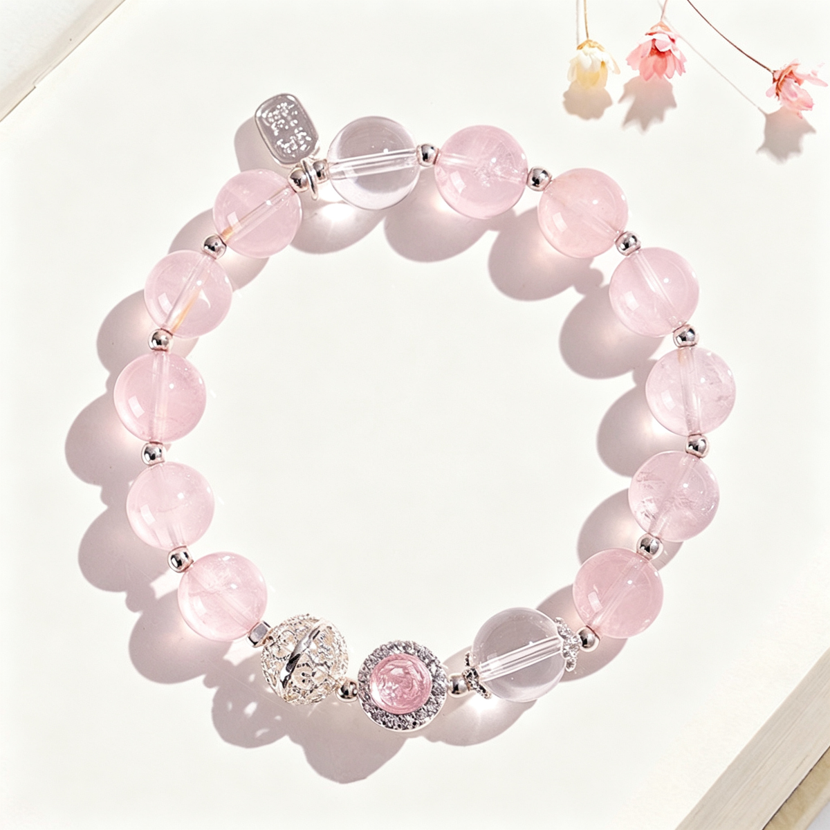 Rose Quartz Bracelet with Clear Quartz & Silver Filigree Charm, Natural Crystal Beaded Bracelet for Women, Healing Crystal Jewelry Gift