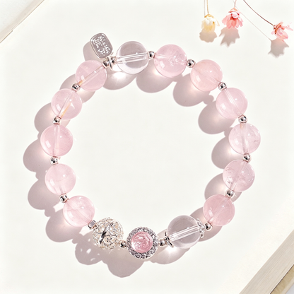 Rose Quartz Bracelet with Clear Quartz & Silver Filigree Charm, Natural Crystal Beaded Bracelet for Women, Healing Crystal Jewelry Gift