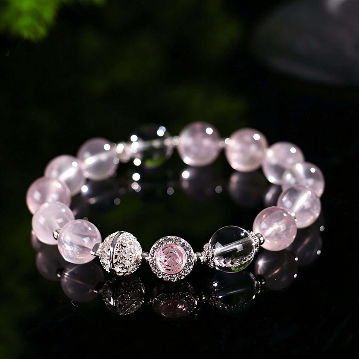 Rose Quartz Bracelet with Clear Quartz & Silver Filigree Charm, Natural Crystal Beaded Bracelet for Women, Healing Crystal Jewelry Gift