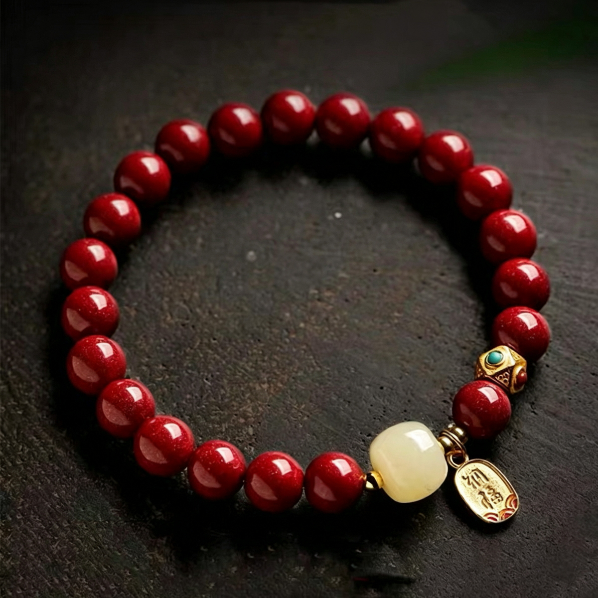 Cinnabar Bracelet for Women, Natural Raw Ore Cinnabar Hetian Jade Vintage Lucky Bracelet, Zodiac Year Protection Beaded Bracelet