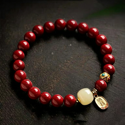 Cinnabar Bracelet for Women, Natural Raw Ore Cinnabar Hetian Jade Vintage Lucky Bracelet, Zodiac Year Protection Beaded Bracelet