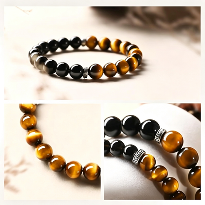 Beaded Bracelet of Natural Tiger Eye and Gold Obsidian | Sacred Symbol Luck‑Guard Talisman
