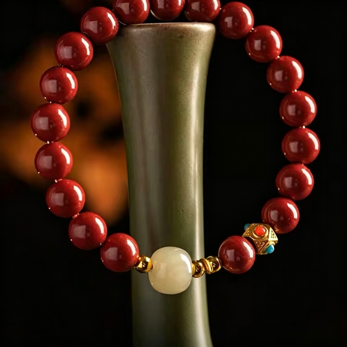 Cinnabar Bracelet for Women, Natural Raw Ore Cinnabar Hetian Jade Vintage Lucky Bracelet, Zodiac Year Protection Beaded Bracelet