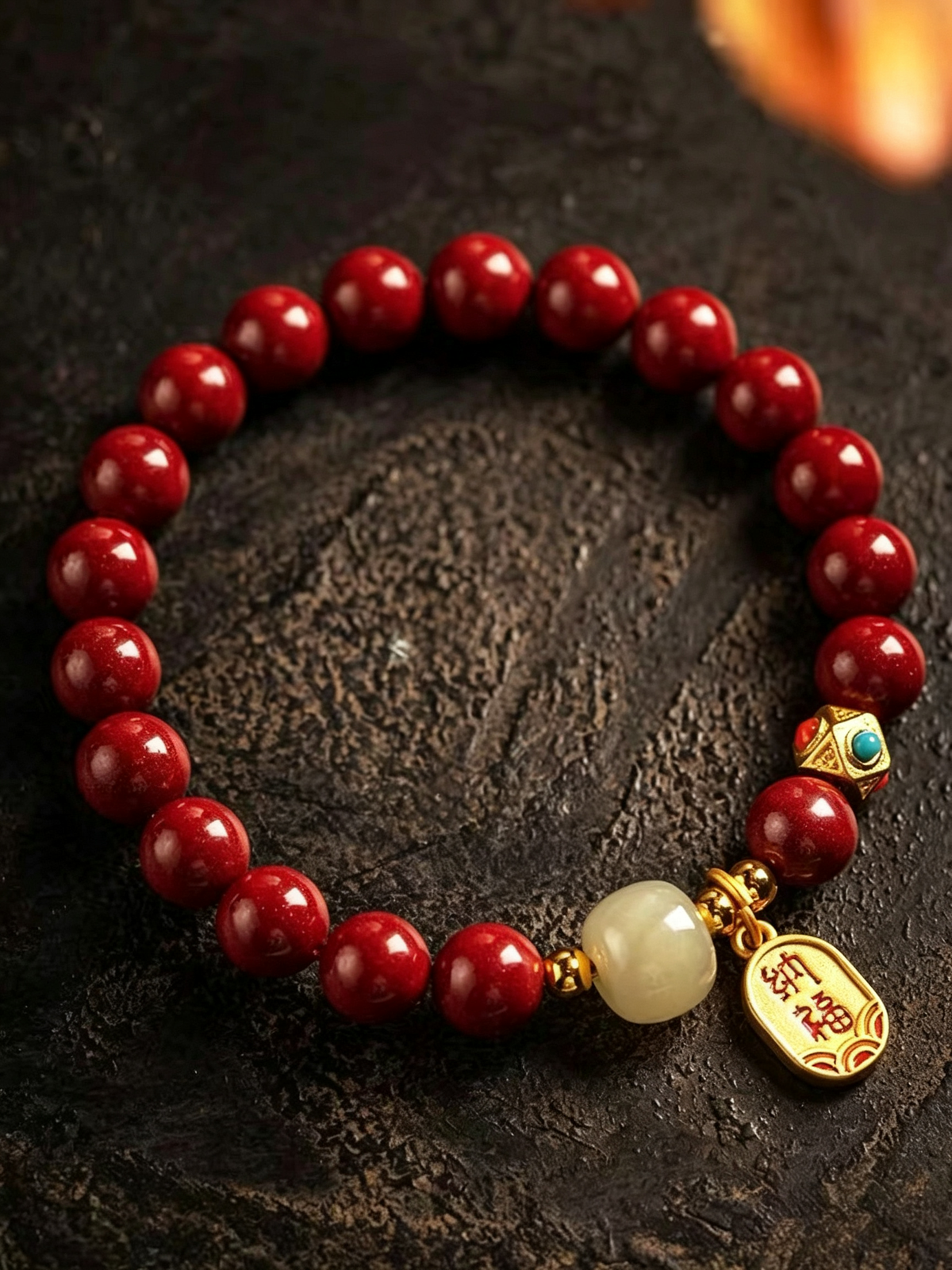 Cinnabar Bracelet for Women, Natural Raw Ore Cinnabar Hetian Jade Vintage Lucky Bracelet, Zodiac Year Protection Beaded Bracelet