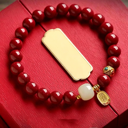 Cinnabar Bracelet for Women, Natural Raw Ore Cinnabar Hetian Jade Vintage Lucky Bracelet, Zodiac Year Protection Beaded Bracelet