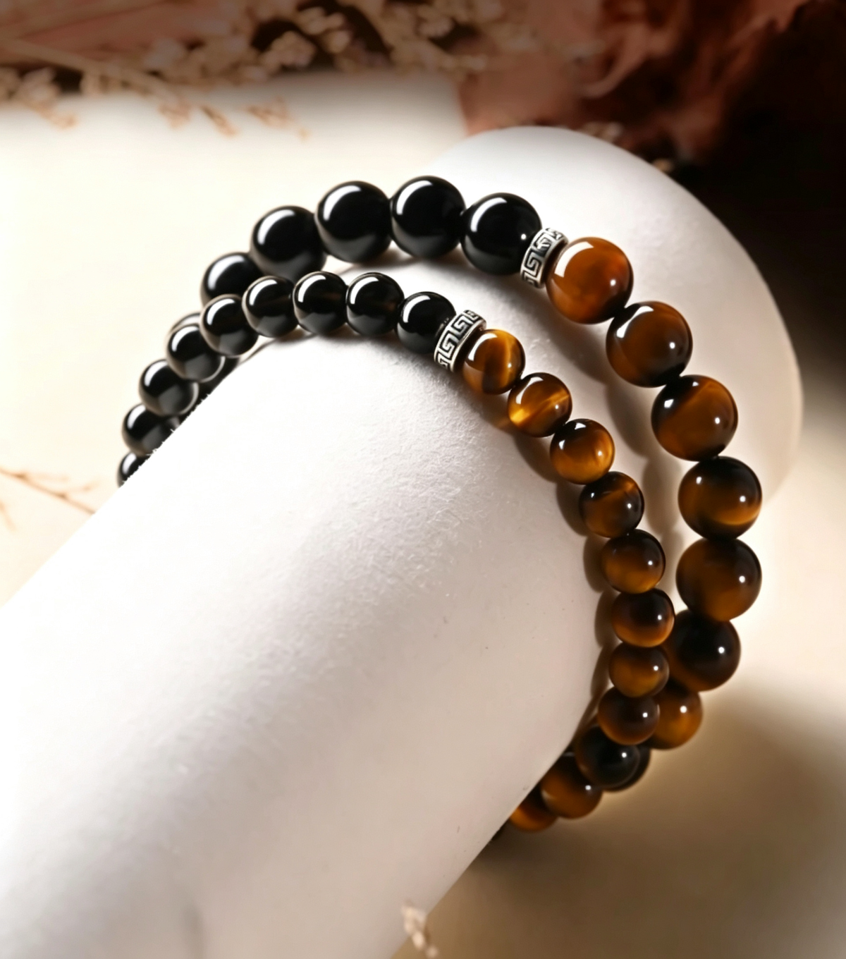 Beaded Bracelet of Natural Tiger Eye and Gold Obsidian | Sacred Symbol Luck‑Guard Talisman
