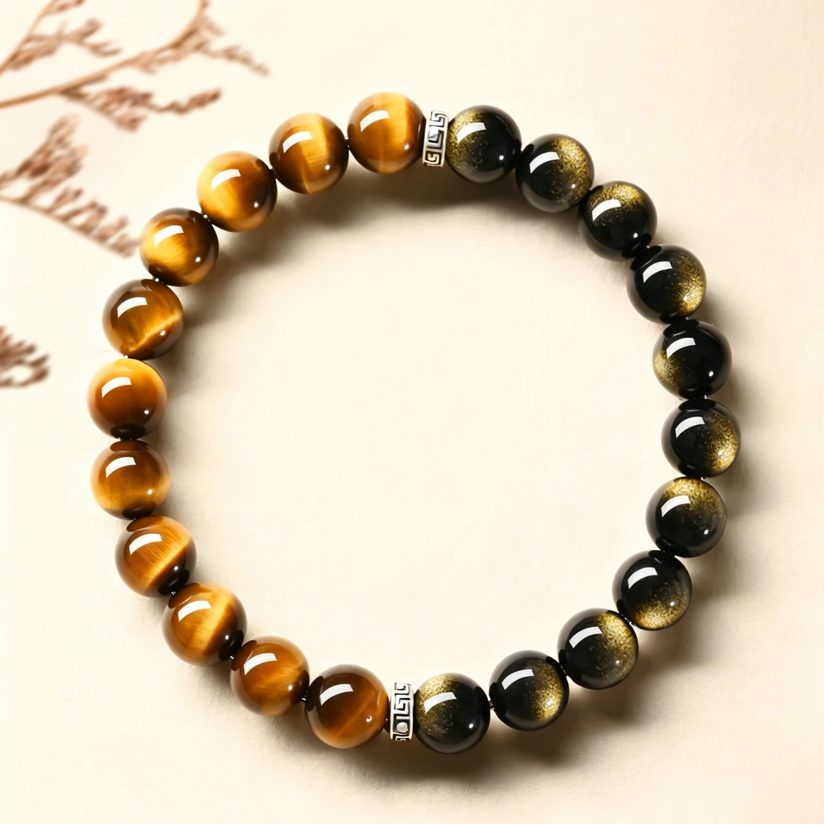Beaded Bracelet of Natural Tiger Eye and Gold Obsidian | Sacred Symbol Luck‑Guard Talisman
