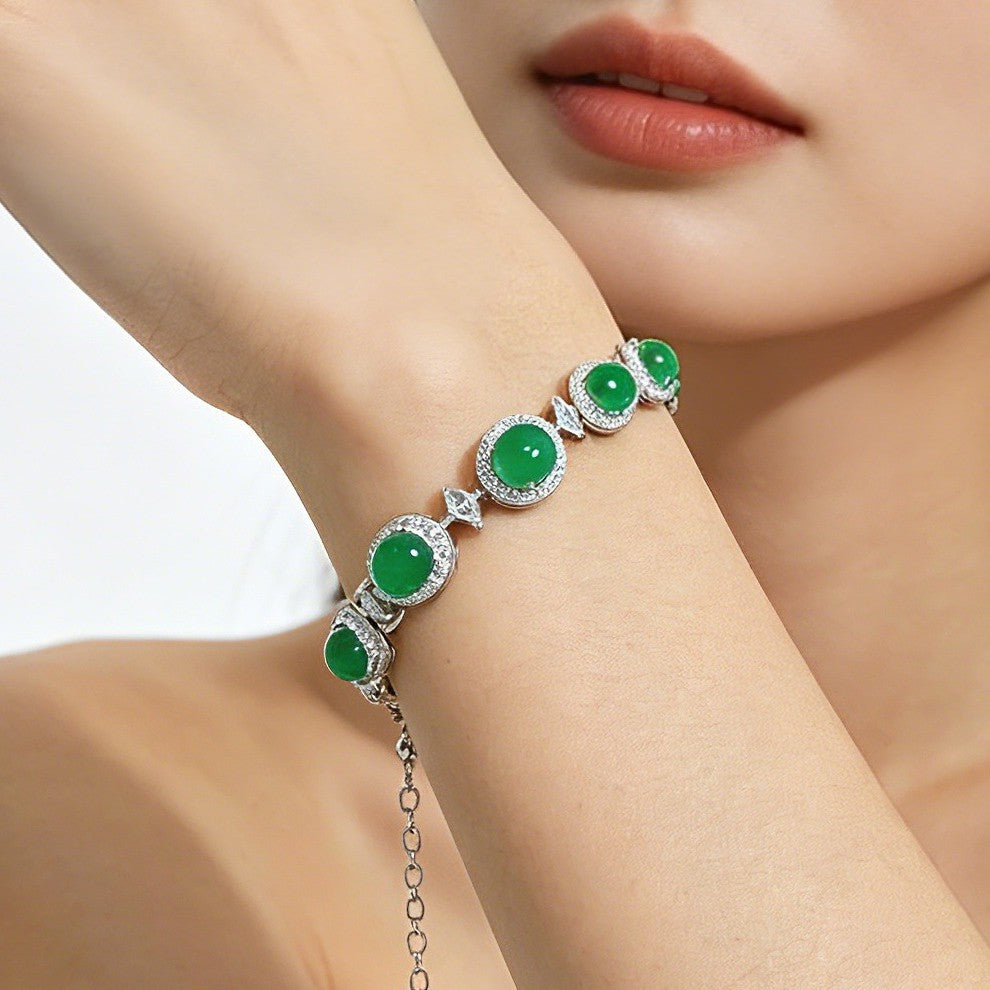 Green Chalcedony Bracelet for Women – Silver Plated New Chinese Style Gemstone Bracelet with Gourd Charm, Adjustable Chain