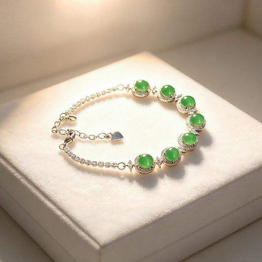 Green Chalcedony Bracelet for Women – Silver Plated New Chinese Style Gemstone Bracelet with Gourd Charm, Adjustable Chain